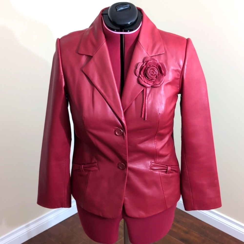 Preston & York| Red Leather Jacket With Leather Flower Corsage Detail